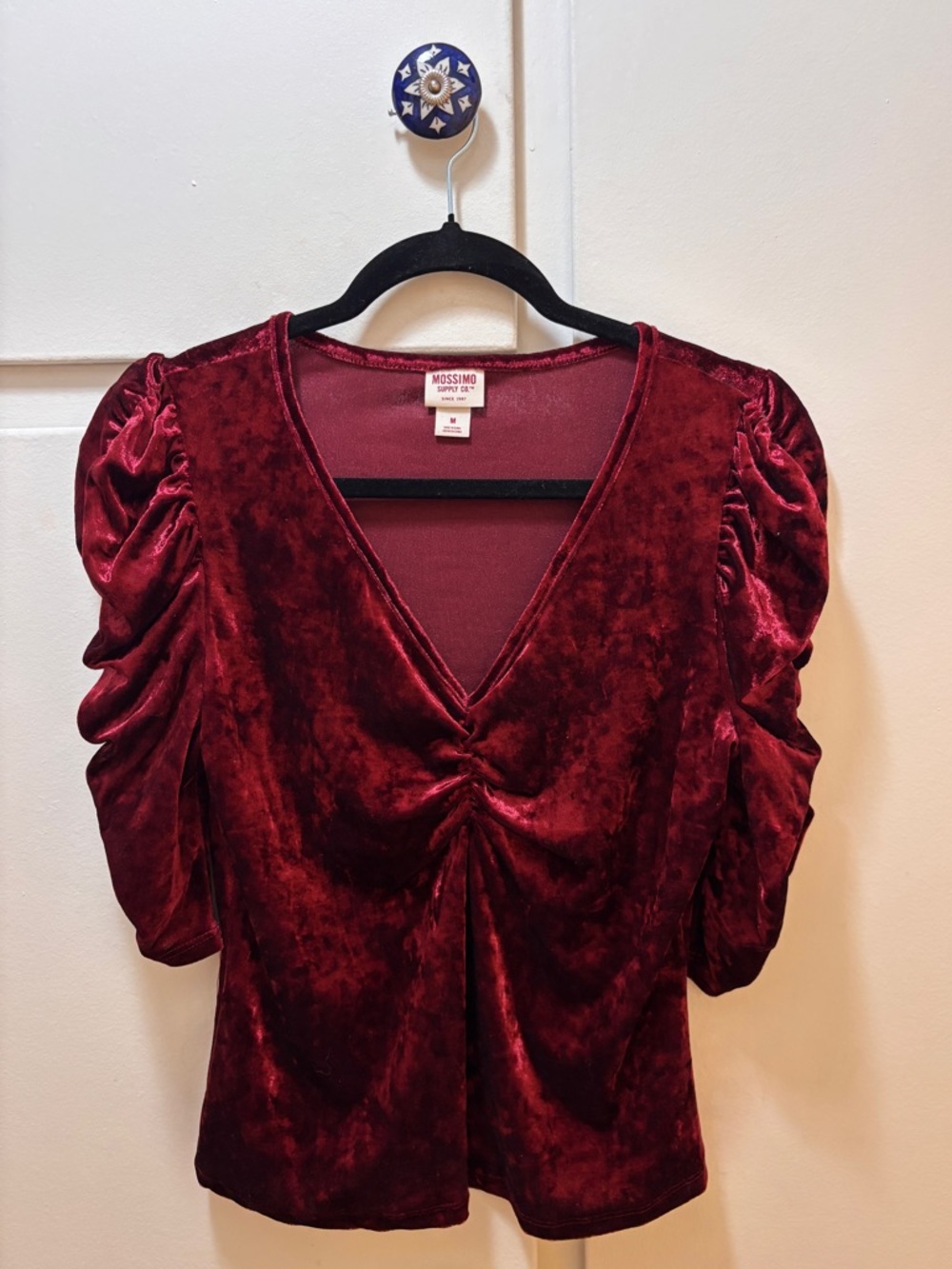 Mossimo Supply Co. Red Velvet V-Neck Puff Sleeve Top